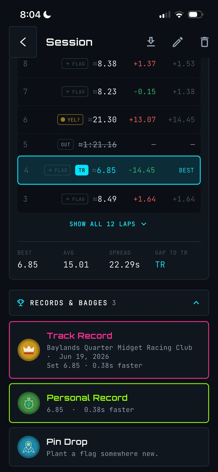 Pace records and badges — personal, class, and track bests tracked automatically